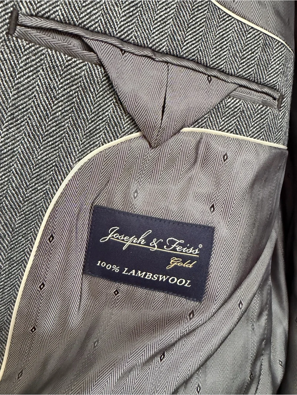 Joseph & Feiss Gold Blazer 46L Gray Herringbone Sport Coat 100% Lambswool